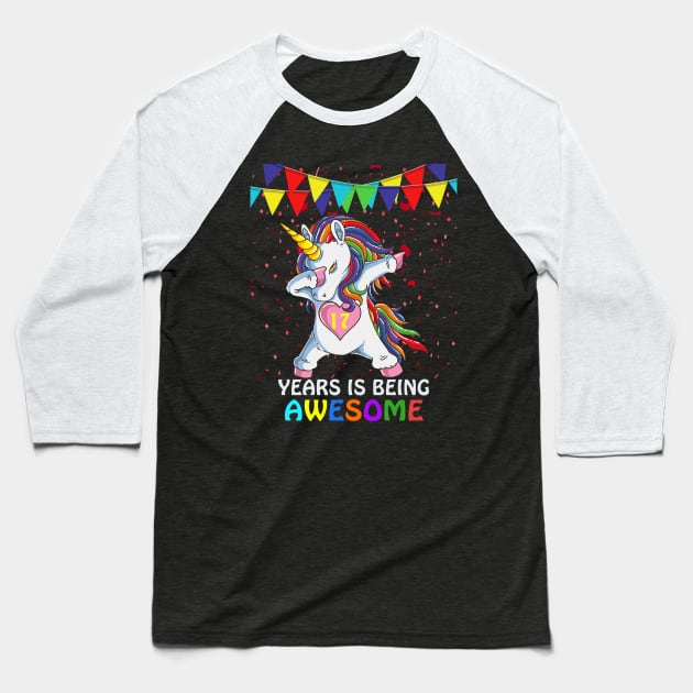 17th Birthday Dabbing Unicorn Party Gift 17 Years Old Girls Baseball T-Shirt by janetradioactive